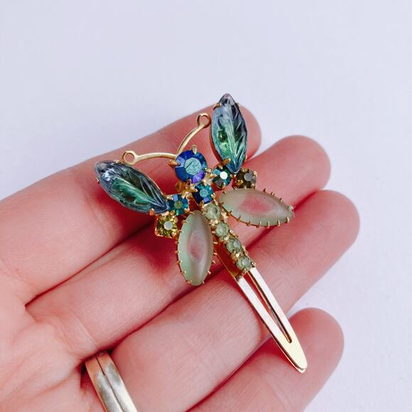 VTG 1950s Butterfly Hair Clip AB Rhinestones Frosted Molded Givre Glass Mid Cent - Picture 7 of 11